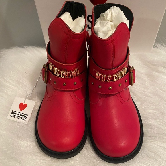Moschino Kid Rosso Red Leather Motor Boot Size 28
